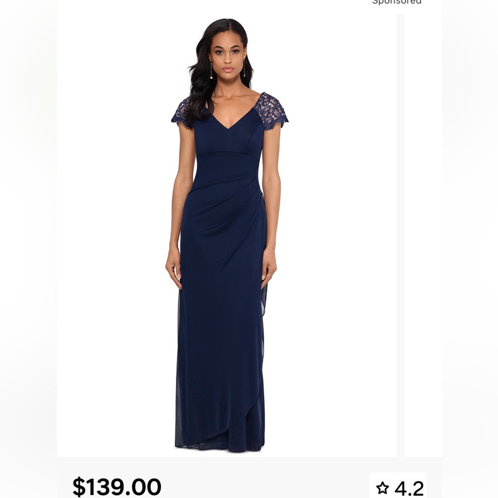 Xscape Navy Lace Sleeve Maxi Dress